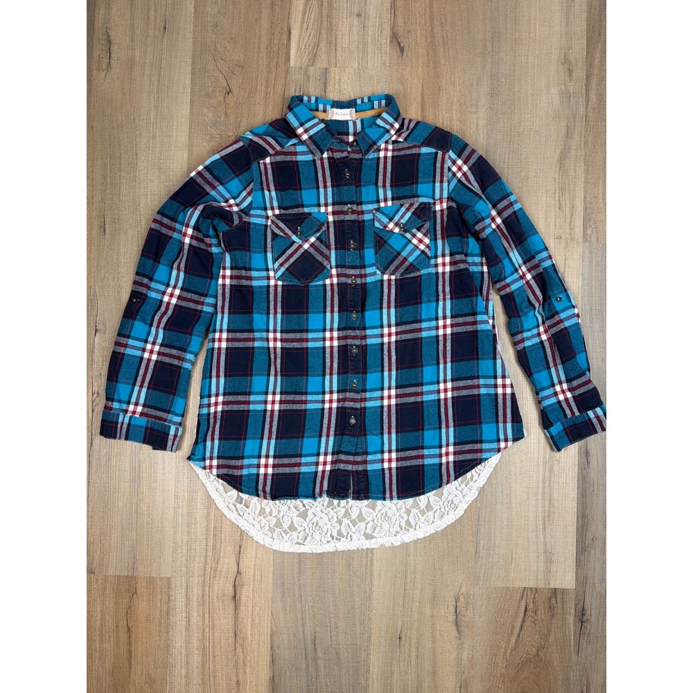 Altar'd State Blue Plaid Lace Back Button Down Flannel Shirt Large Womens